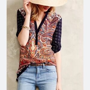 Tiny Paisley Mixed Media V Neck Blouse Medium Anthropologie